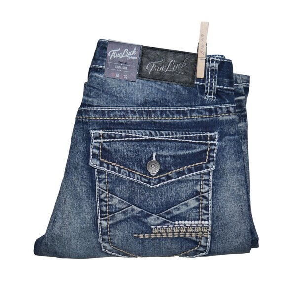 NEW True Luck Dark Wash Jeans Men's Size 30x32 Thick Stitch Straight Leg BKE - Picture 1 of 8